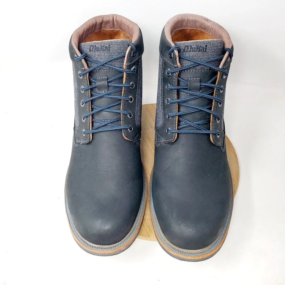 Olukai Hualalai Boots Men 45 Black Leather Classic Hipster Lace Up Lug Sole Shoe